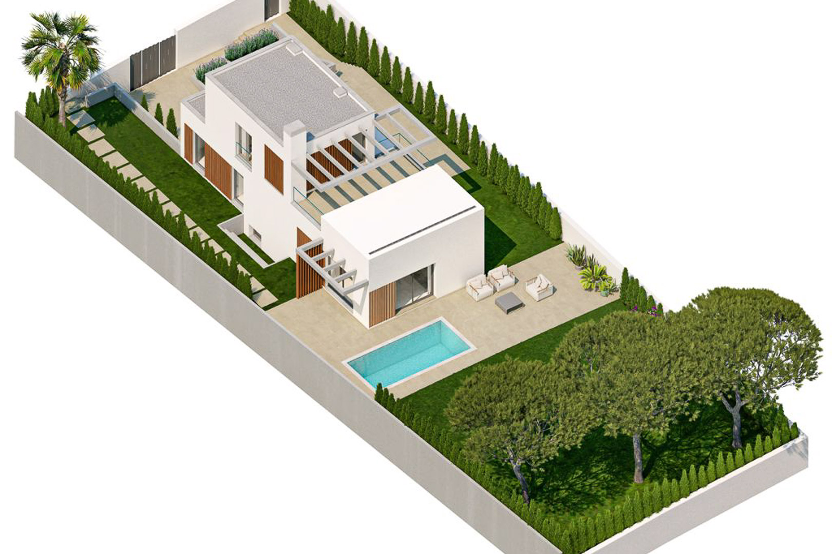 Isometric aerial view of the modern villa featuring a private pool, landscaped garden with mature trees, and terraces with architectural pergolas.