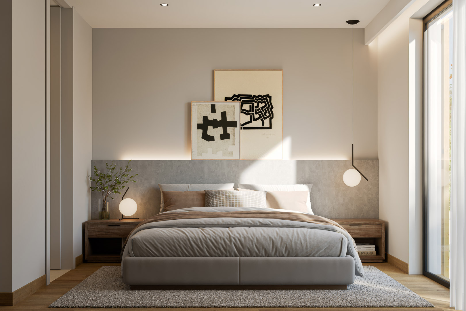 Master bedroom featuring a stone-effect paneled headboard with integrated LED lighting, wooden bedside tables, and large floor-to-ceiling windows for abundant natural light.