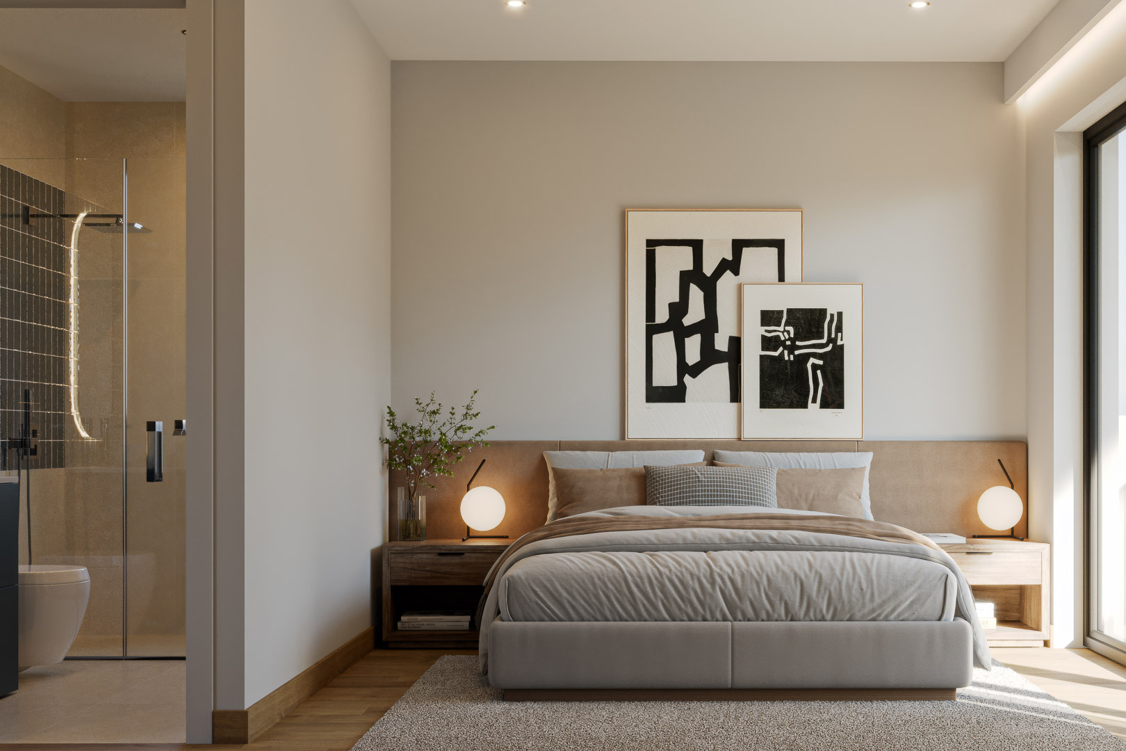 Master bedroom featuring an en-suite bathroom, wooden flooring, and abstract art. The integrated space includes a walk-in shower with glass partition and natural lighting.