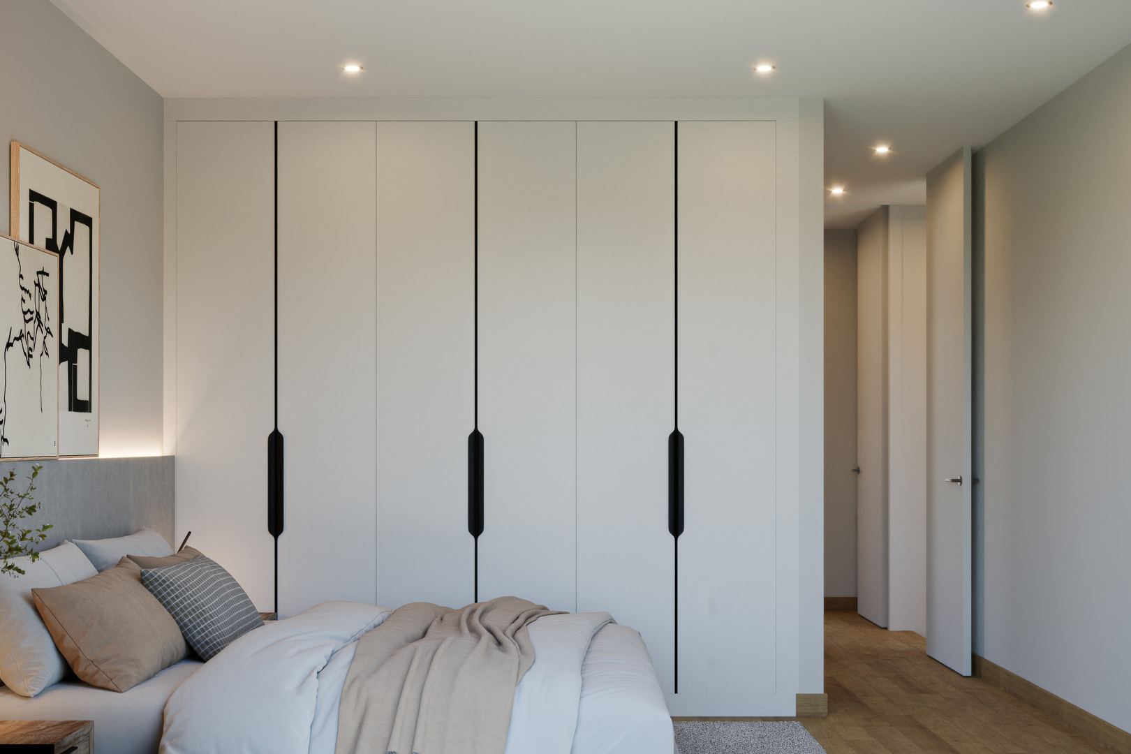 Master bedroom featuring floor-to-ceiling built-in wardrobes with integrated black handles, natural wood flooring, and recessed ceiling spotlights for a clean aesthetic.