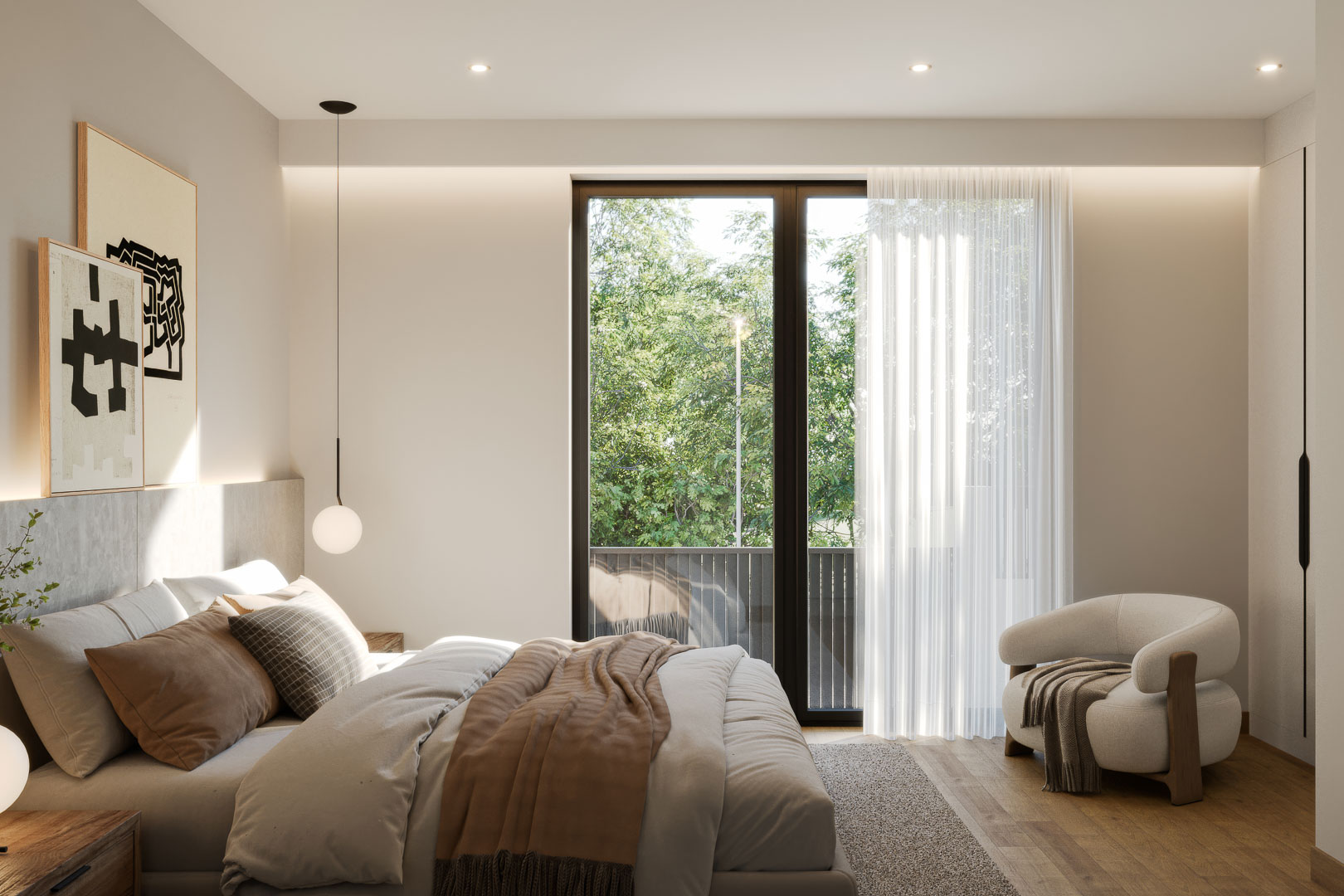 Master bedroom featuring floor-to-ceiling glass doors, wooden flooring, and balcony access. Includes recessed lighting, minimalist pendants, and integrated wardrobes.