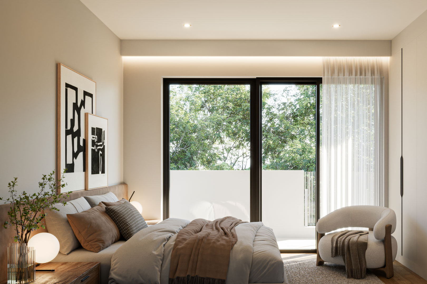 Master bedroom featuring floor-to-ceiling sliding doors, indirect cove lighting, and a minimalist design with views of lush Mediterranean greenery.
