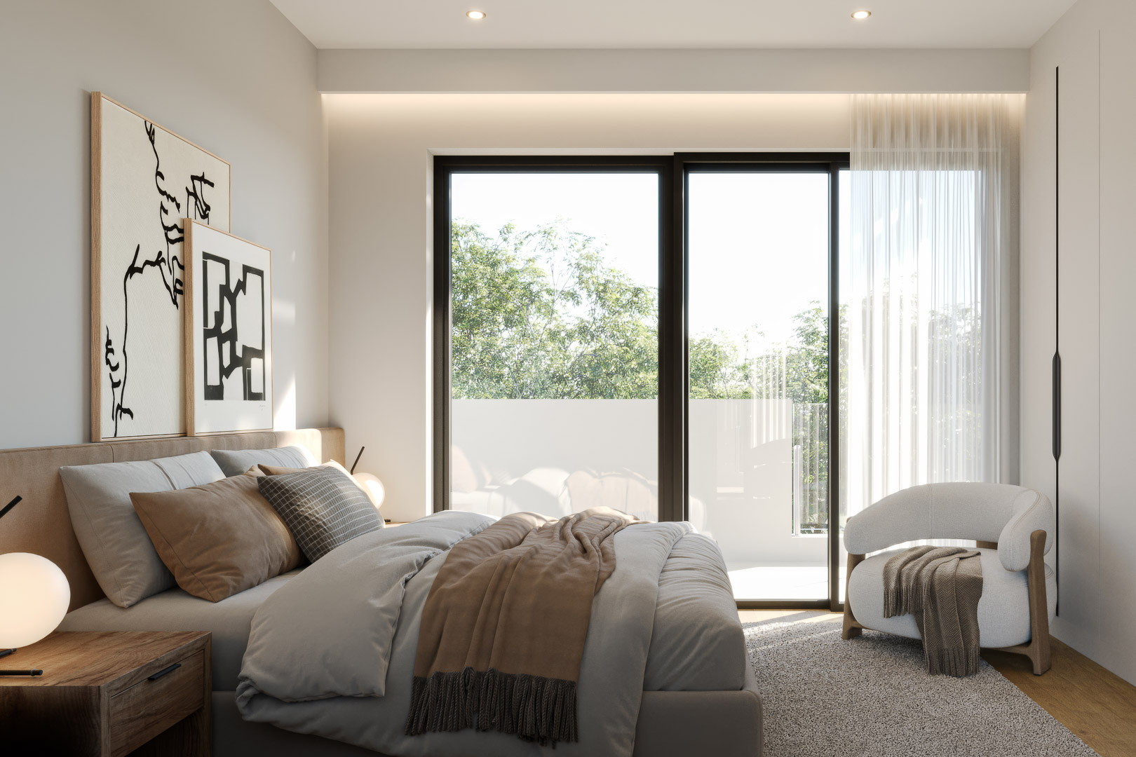 Master bedroom featuring floor-to-ceiling sliding glass doors, indirect LED lighting, and a minimalist design with natural wood accents and terrace access.