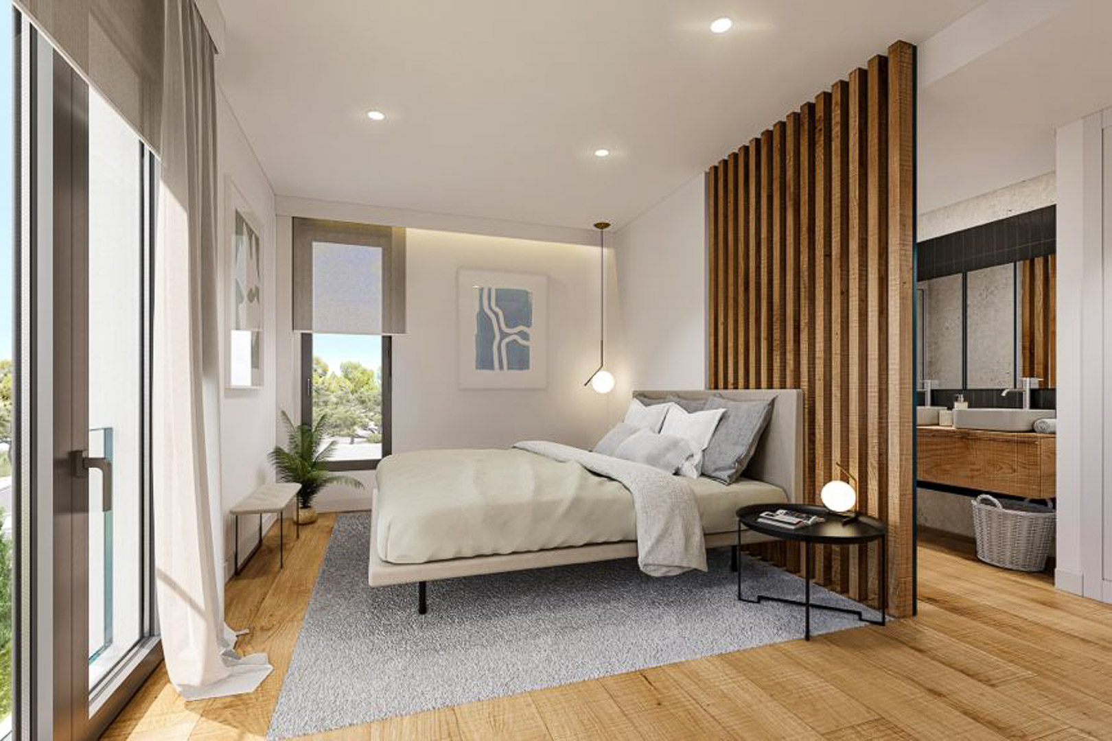 Master bedroom featuring oak wood flooring, a vertical slat room divider, and an integrated ensuite bathroom with a double vanity and minimalist lighting.