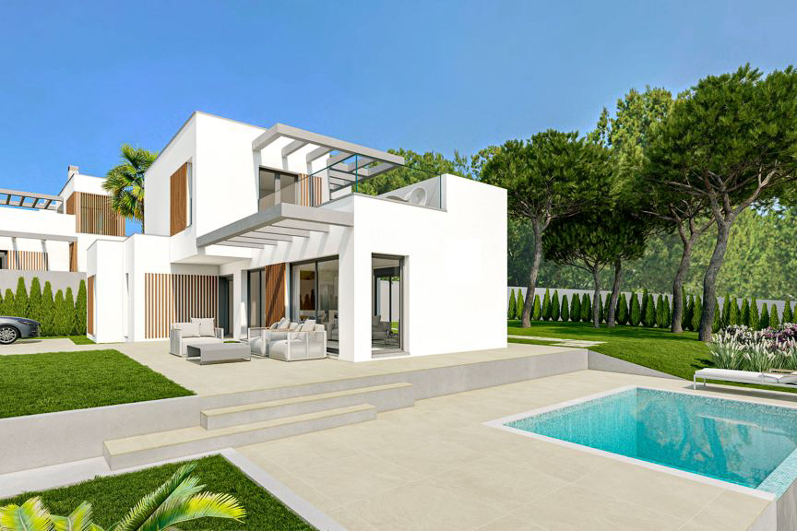 Minimalist villa exterior featuring a private pool, large porcelain tile terraces, and a white facade accented by elegant natural wood slats.