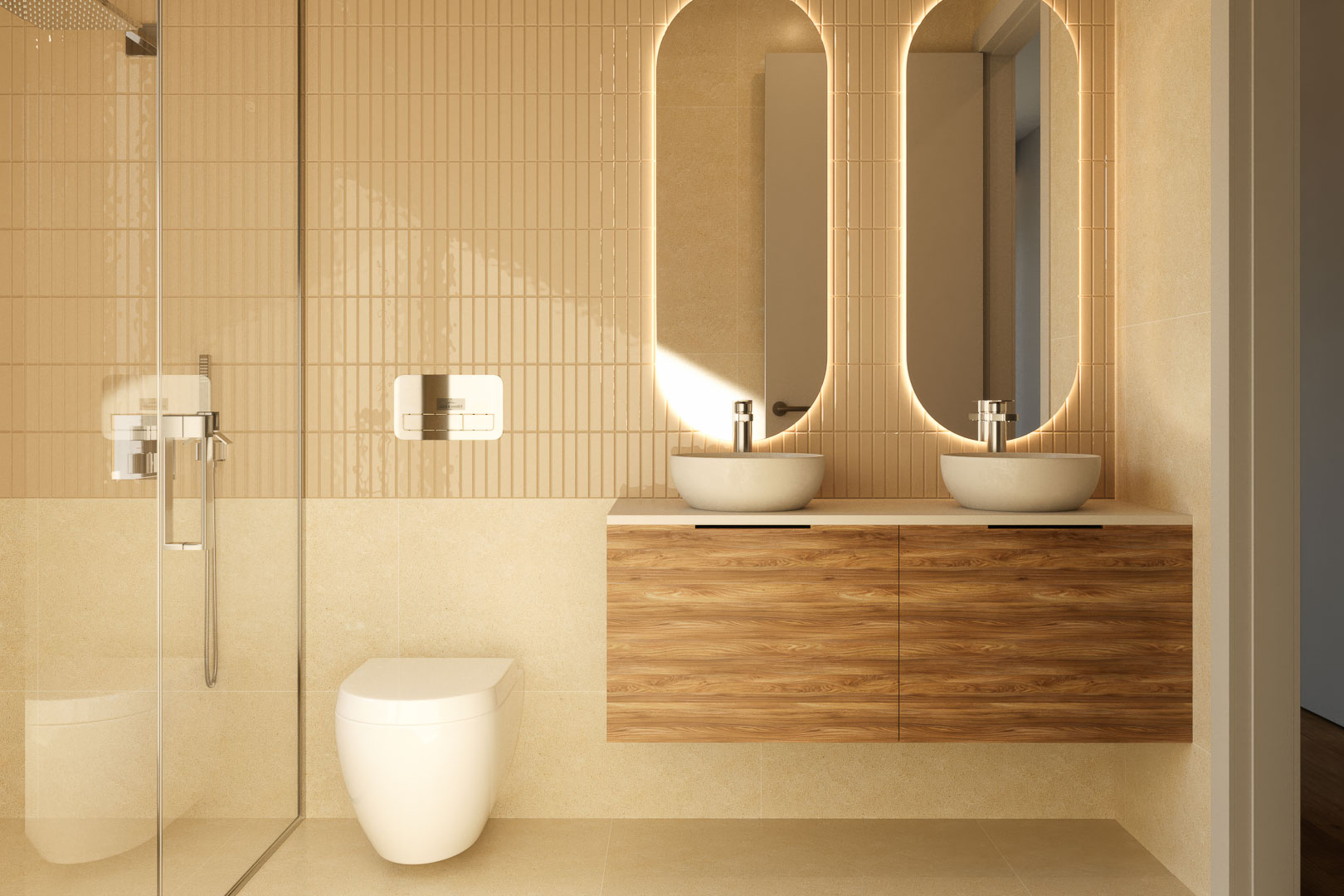 Modern bathroom featuring a double vanity with wooden cabinetry, oval backlit mirrors, and a walk-in shower with vertical sand-toned tiling and glass partition.