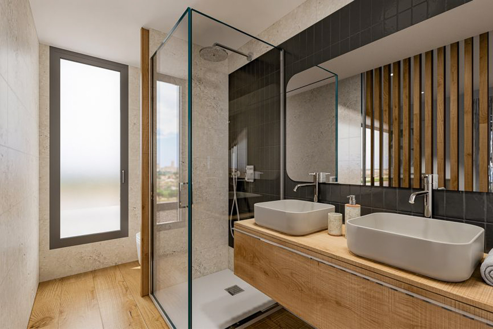 Modern bathroom featuring a double vessel sink vanity, a glass-enclosed walk-in shower with black tiling, and natural stone-effect walls.