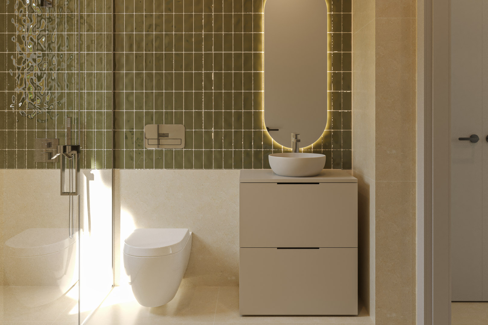 Modern bathroom featuring glossy olive green tiles, a backlit oval mirror, and a minimalist vanity. Includes a wall-hung toilet and a walk-in shower with glass partition.