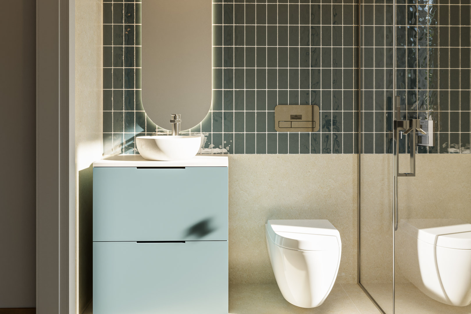 Modern bathroom featuring teal vertical tiles, a light blue floating vanity with a vessel sink, and an oval backlit mirror beside a wall-mounted toilet.