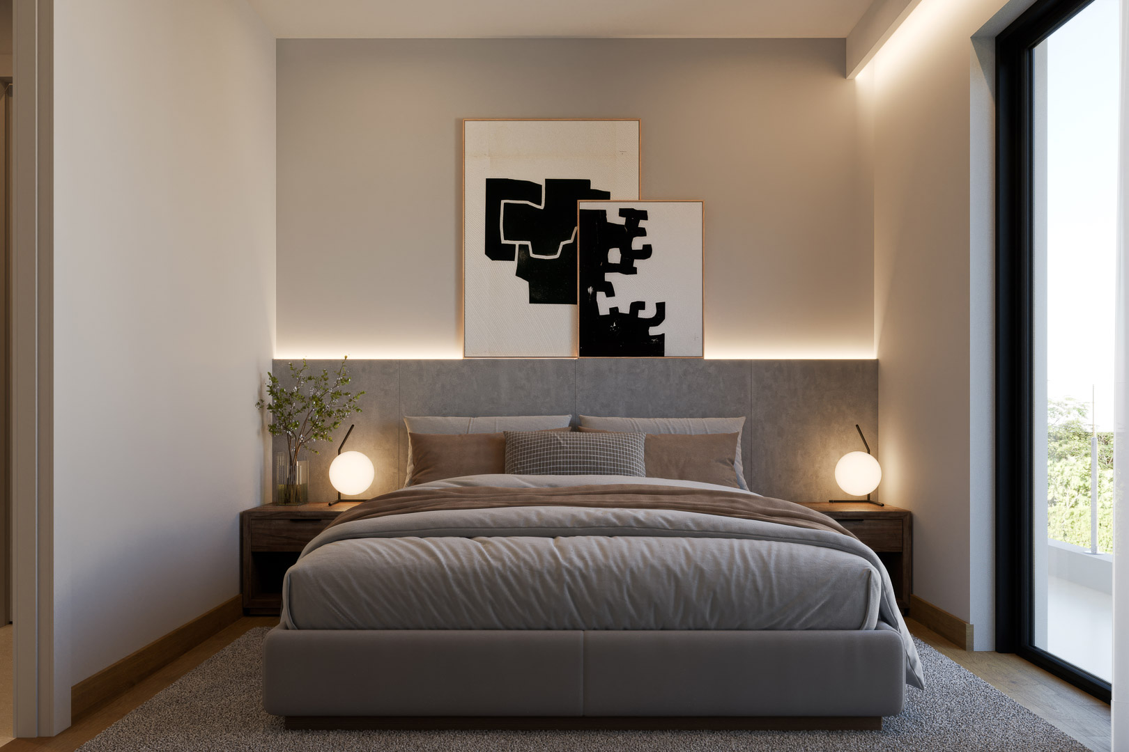 Modern bedroom featuring an upholstered headboard with integrated LED lighting, dark wood nightstands, and floor-to-ceiling glass doors to the terrace.