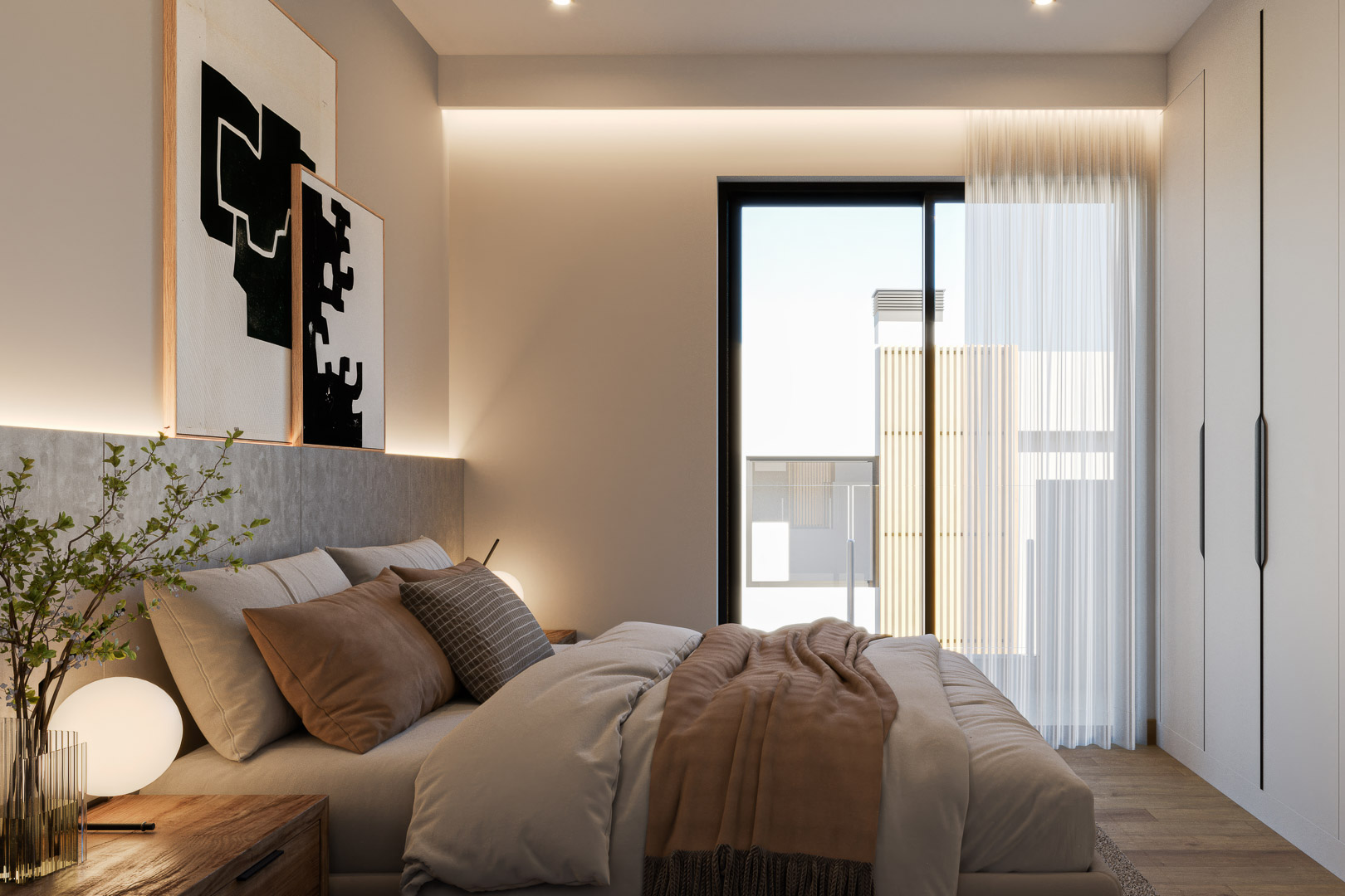Modern bedroom with minimalist built-in wardrobes, integrated LED headboard lighting, and floor-to-ceiling glass doors offering natural light and wooden flooring.