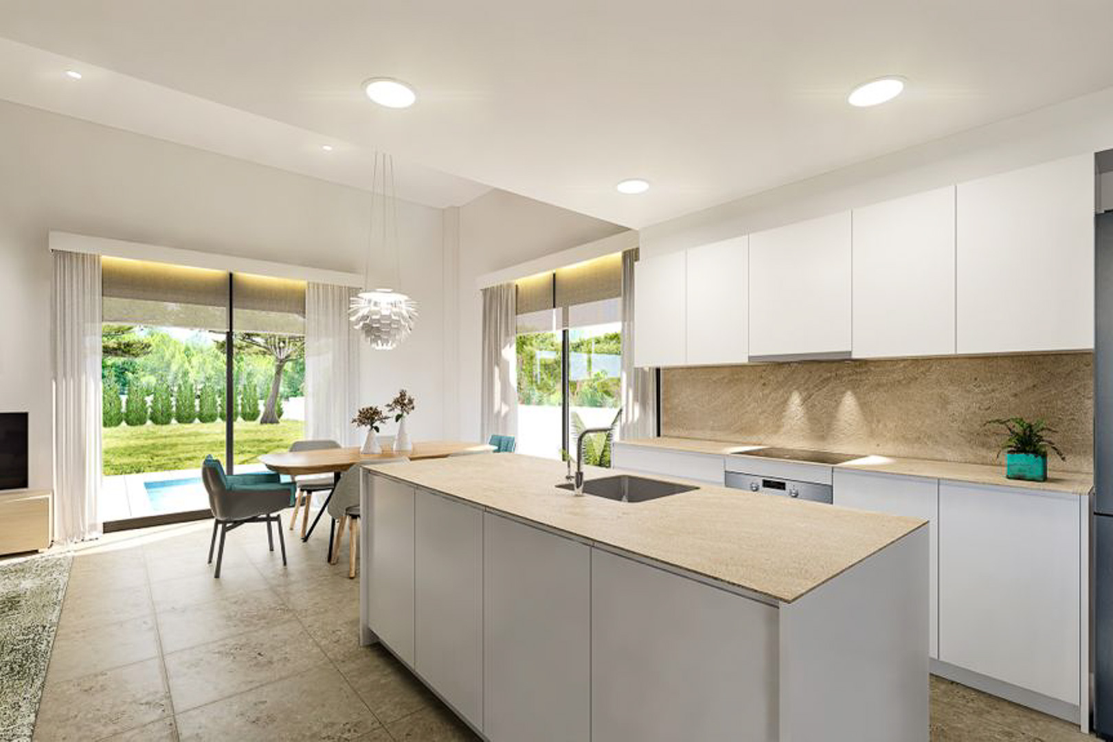 Modern open-plan kitchen featuring a stone island, minimalist white cabinetry, and a dining area with direct access to the garden and pool.