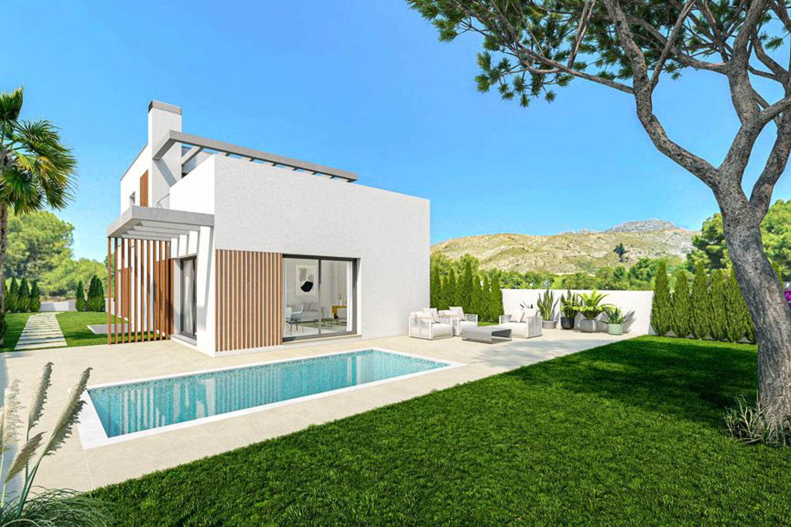 Modern villa exterior featuring a private swimming pool, manicured lawn, and tiled terrace. The white facade includes wooden slat accents and views of the mountains.