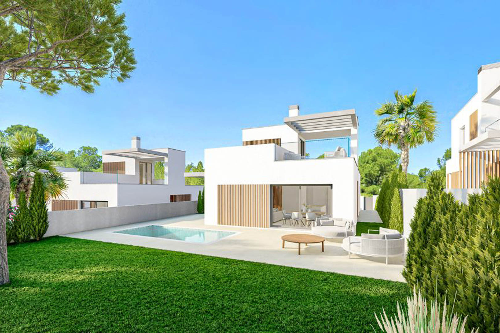 Modern villa exterior showcasing a private pool, manicured lawn, and white facade with wooden accents. Features a rooftop terrace with pergola and glass railings.