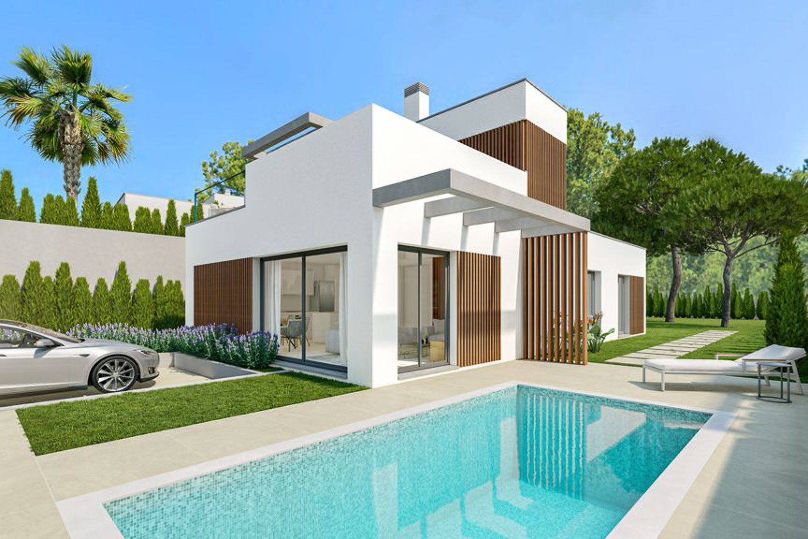 Modern villa featuring white geometric architecture, wooden slats, a private pool, integrated parking, and a landscaped garden under a clear sky.