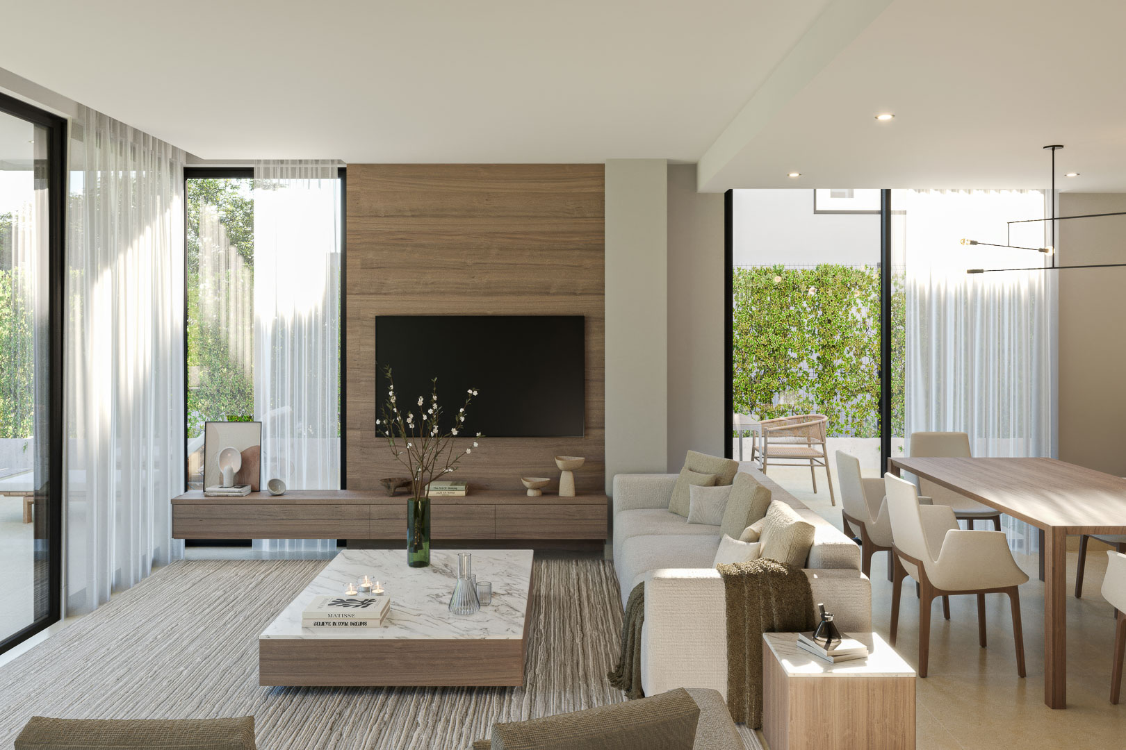Open-plan living and dining area featuring a wood-paneled accent wall, marble coffee table, and floor-to-ceiling windows with garden views.