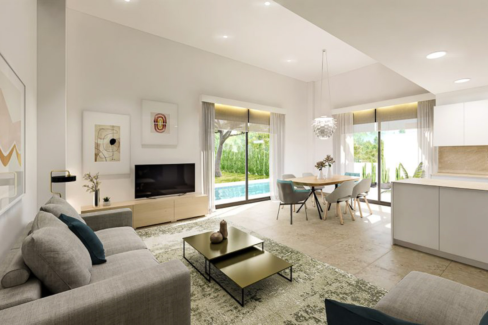 Open-plan living and dining area featuring floor-to-ceiling glass doors, direct pool access, porcelain tile flooring, and a modern integrated kitchen.