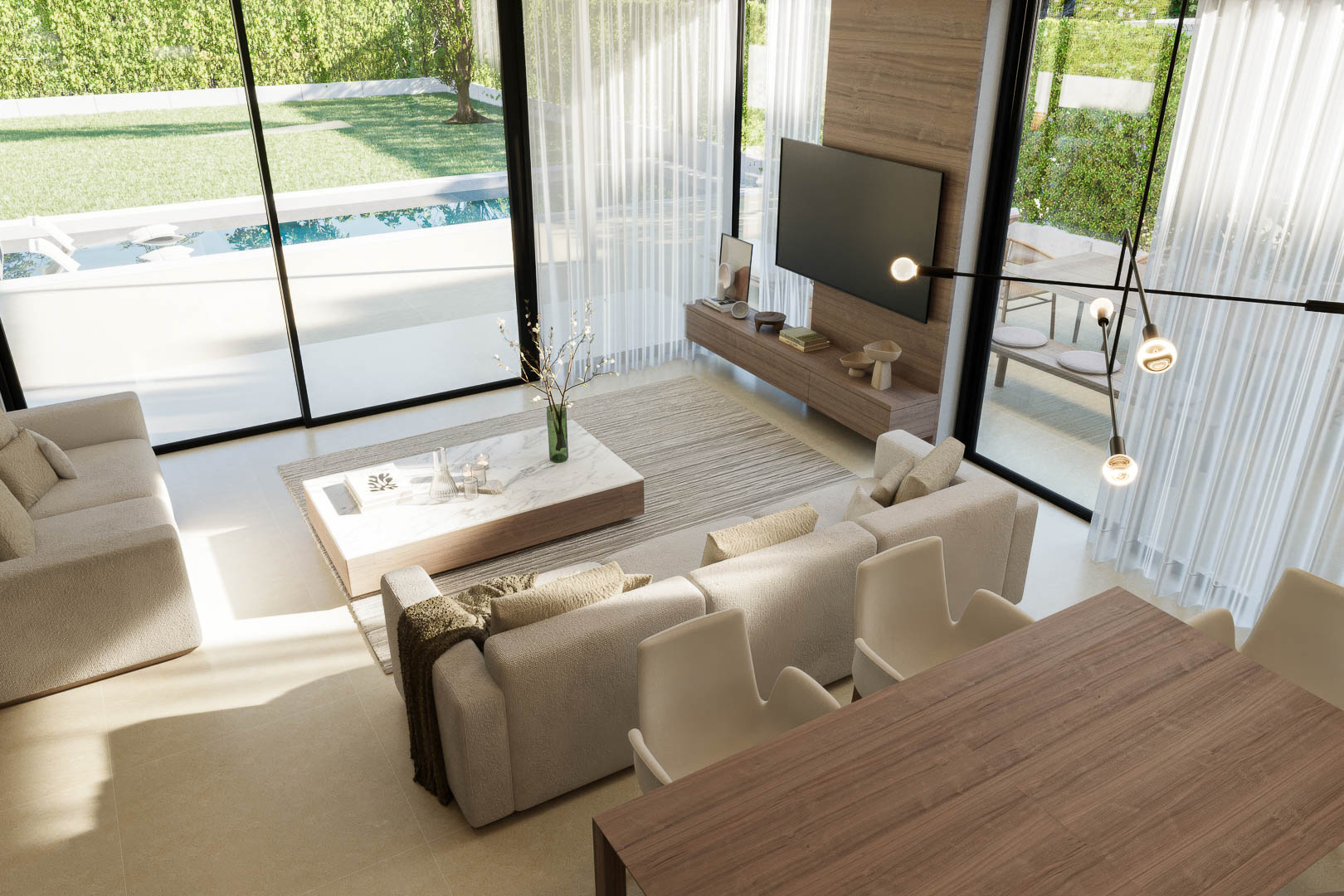 Open-plan living area featuring floor-to-ceiling windows with views of the private garden and pool. Includes minimalist furniture, wood wall paneling, and abundant natural light.