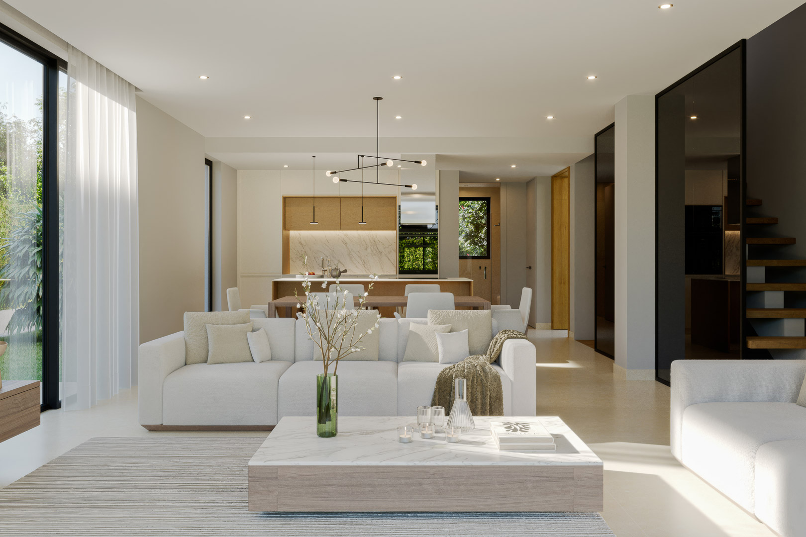 Open-plan living area featuring white sofas, a marble coffee table, and an integrated kitchen with wood accents. Large windows offer direct views of the garden.