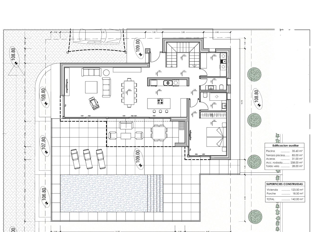 Detailed ground floor architectural plan featuring an open-concept living area, en-suite bedroom, and expansive outdoor terrace with a 35m² swimming pool.