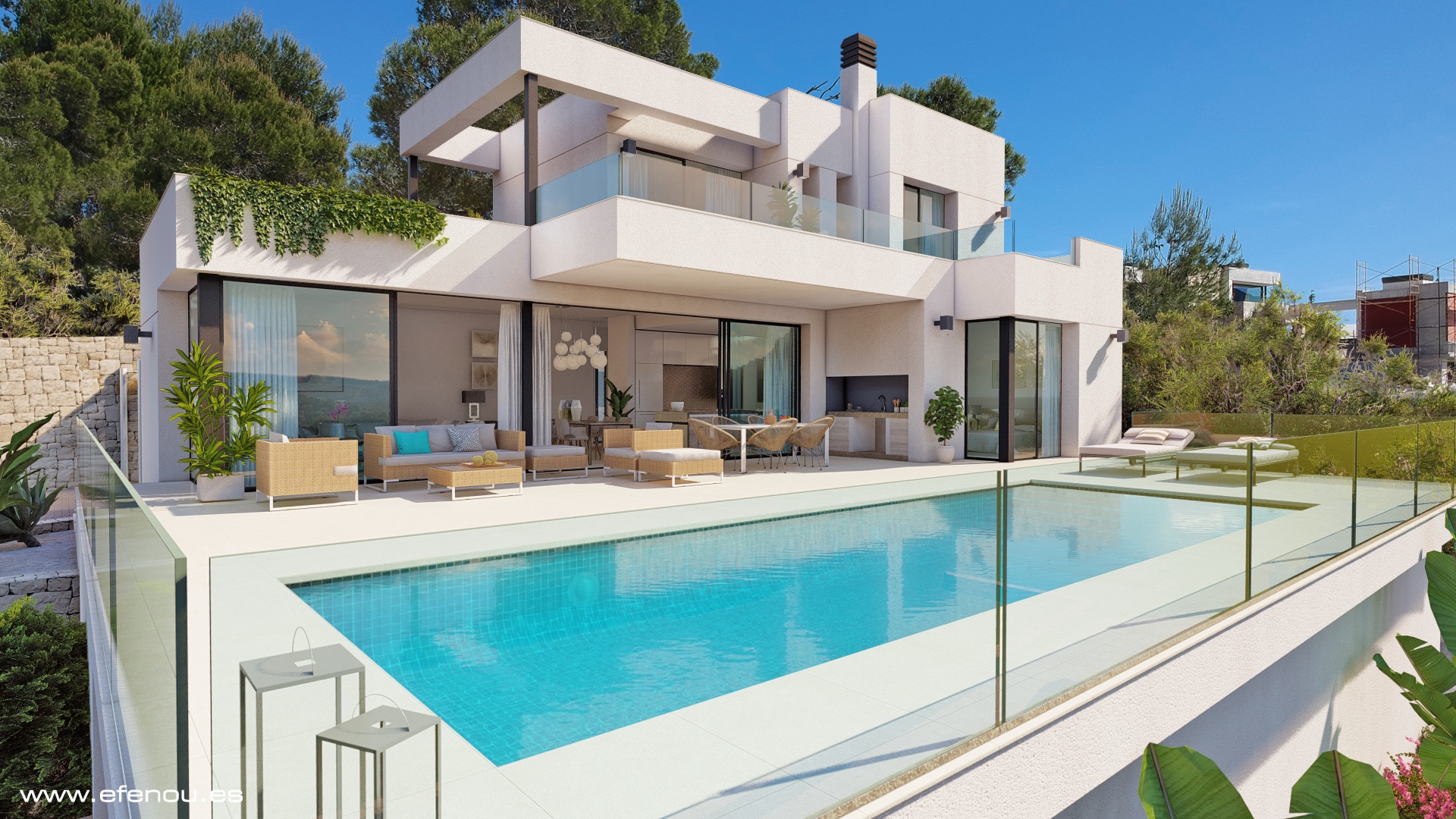 Modern white villa featuring a linear swimming pool with glass balustrades, a spacious sun terrace, integrated outdoor kitchen, and seamless indoor-outdoor flow.