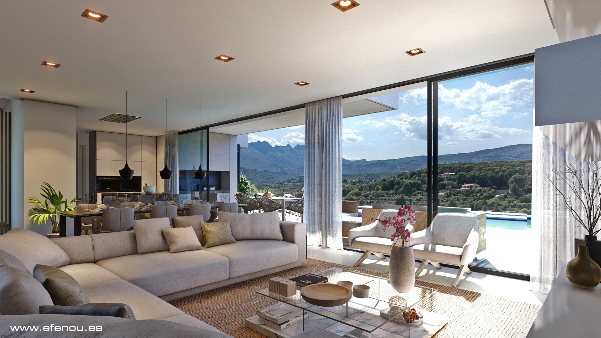 Open-plan living area featuring floor-to-ceiling glass doors that reveal panoramic mountain views, a spacious lounge, and direct access to the terrace and pool.