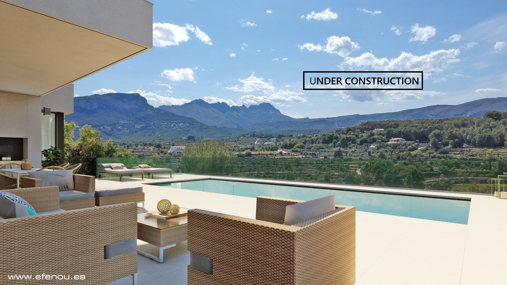 Outdoor terrace featuring a long swimming pool, rattan lounge furniture, and panoramic views of the Sierra de Bernia mountains under a modern overhang.
