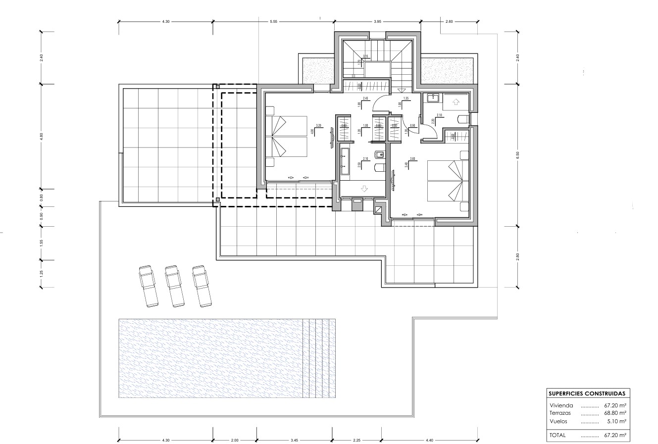 Technical floor plan of the upper level featuring two double en-suite bedrooms and an expansive 68.80 m² terrace overlooking the pool area.