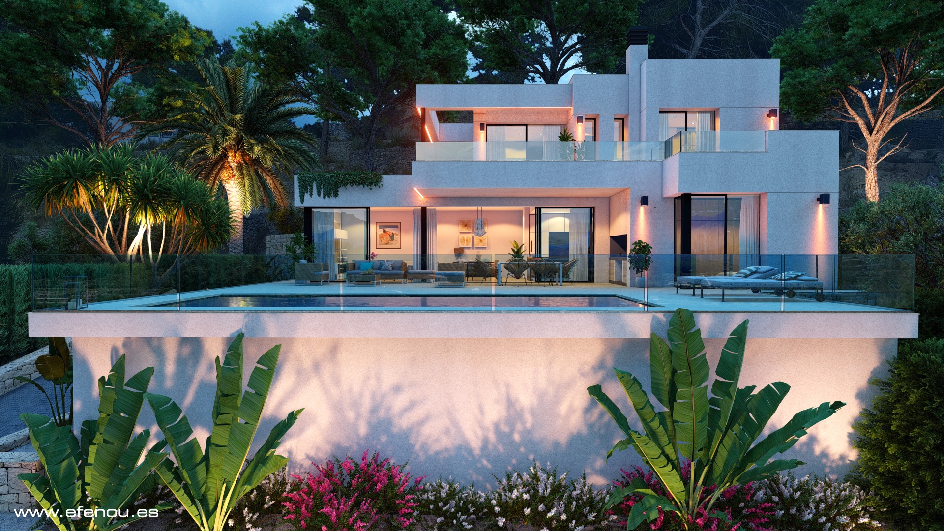 Twilight exterior view of the villa featuring a 12m pool, glass-railed terraces, and integrated warm lighting across the Mediterranean landscaping.