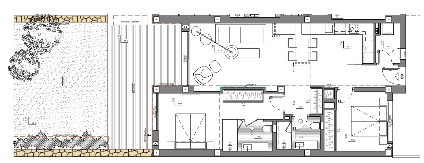Detailed floor plan illustrating the layout of the open-plan living area, two bedrooms, two bathrooms, and the spacious terrace with an adjacent private garden.