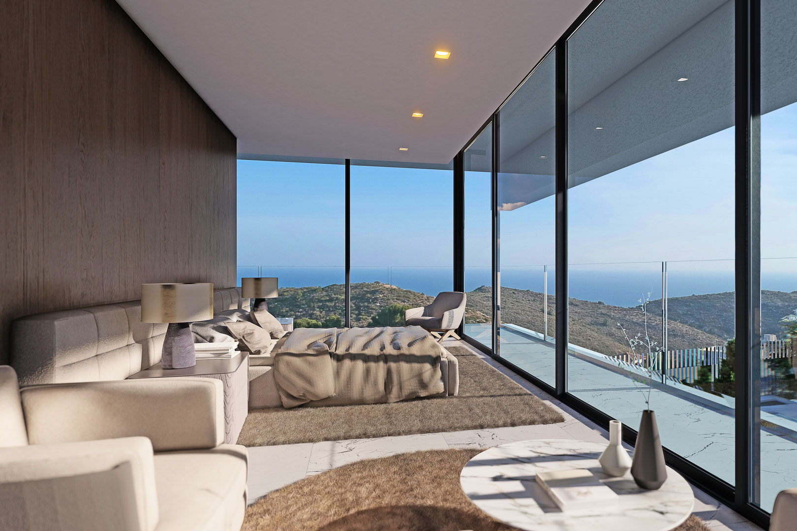 Bright bedroom with wood wall and panoramic sea views from expansive windows.