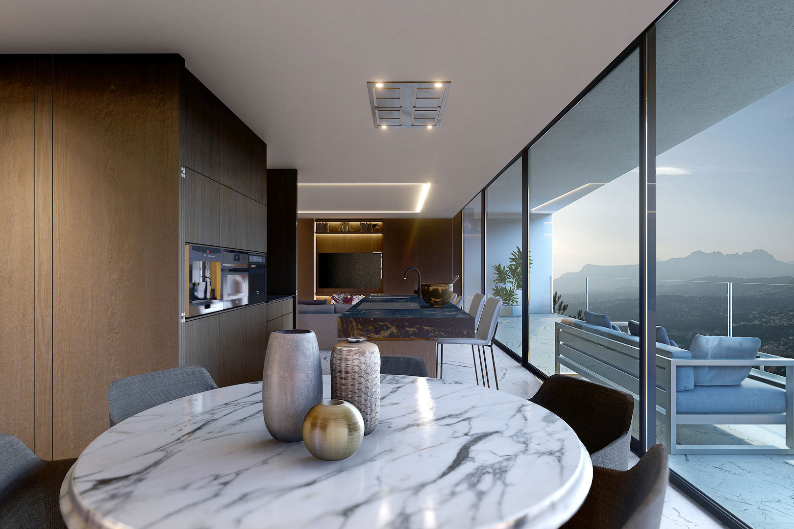 Dining area detail with open kitchen and panoramic outdoor views.