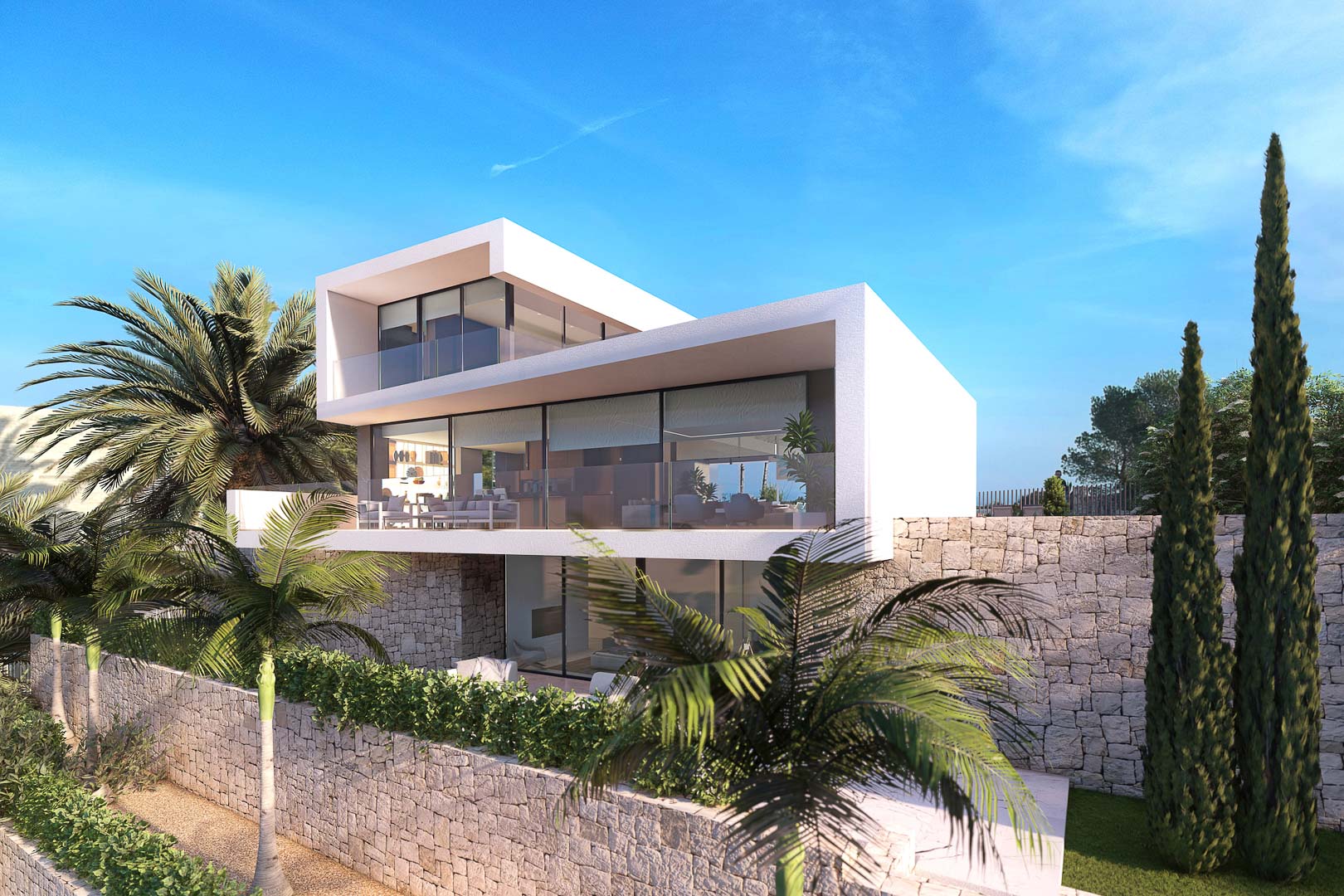 Exterior view of a modern villa featuring terraces, stone walls, and tropical gardens under a clear blue sky.