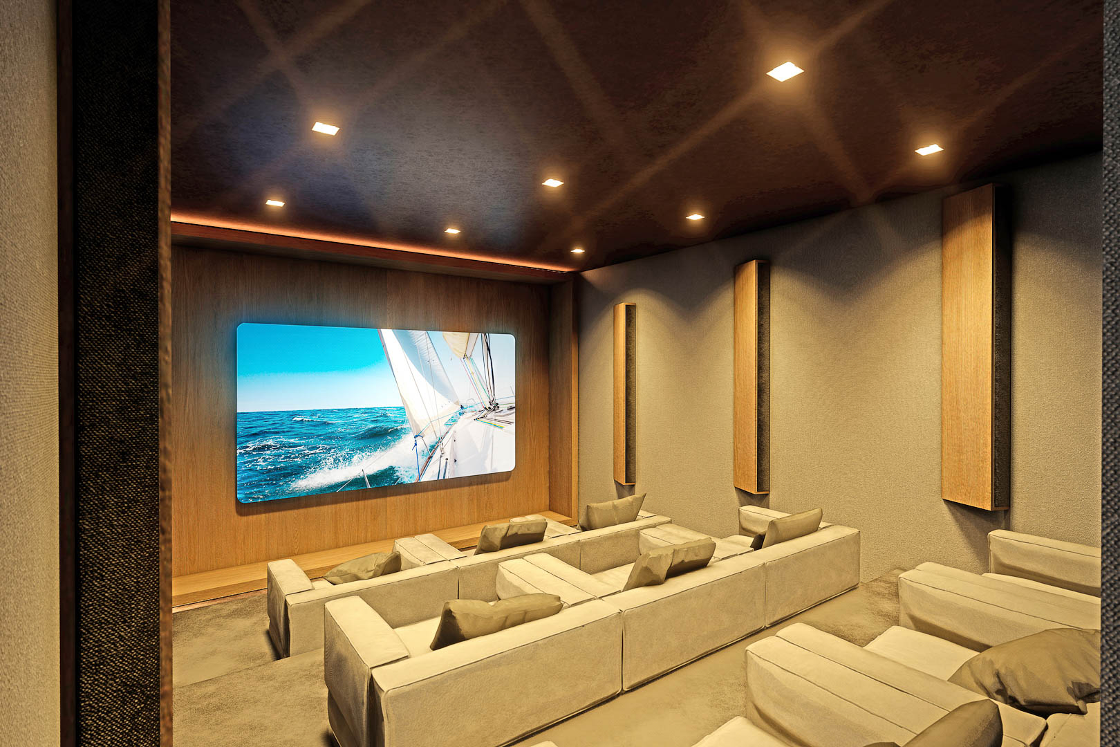 Home theater with modular sofas and a screen displaying a sailboat image.