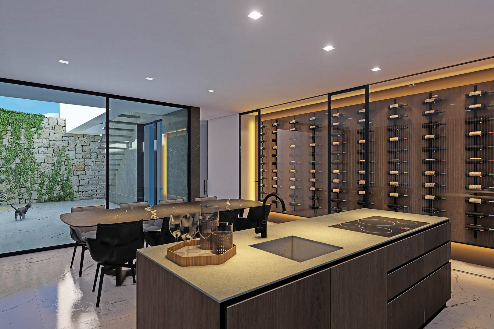 Kitchen detail featuring a central island, glass-enclosed wine cellar, and access to the outdoor patio.