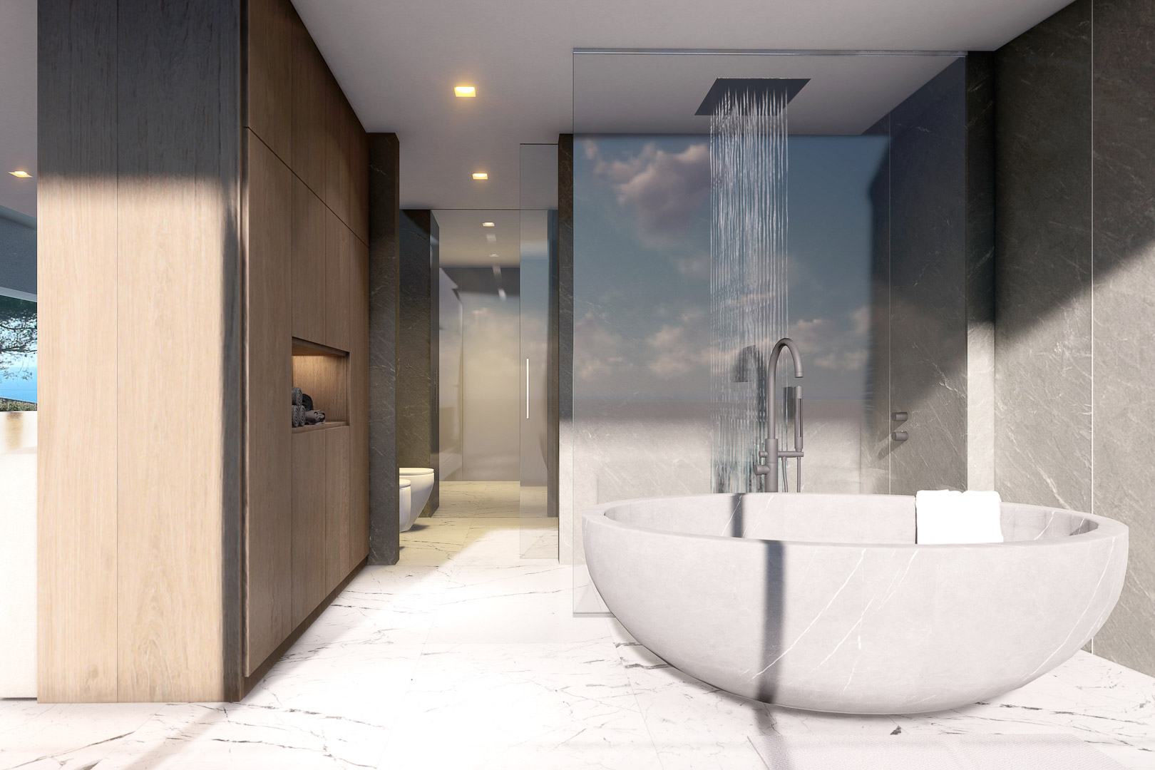 Modern bathroom detail with marble tub and rainfall shower.