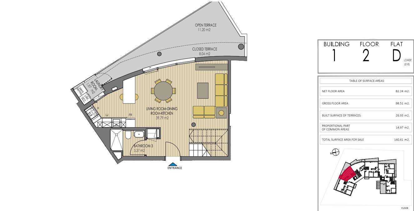 Detailed floor plan of the lower level of duplex penthouse D in Building 1, featuring a 39m² open-plan living area and a large curved terrace with open and closed sections.