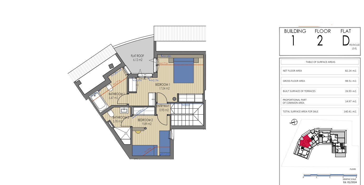 Technical floor plan of the upper level for Penthouse D in Building 1, showing two bedrooms with en-suite bathrooms and a 6.12 sqm private terrace.