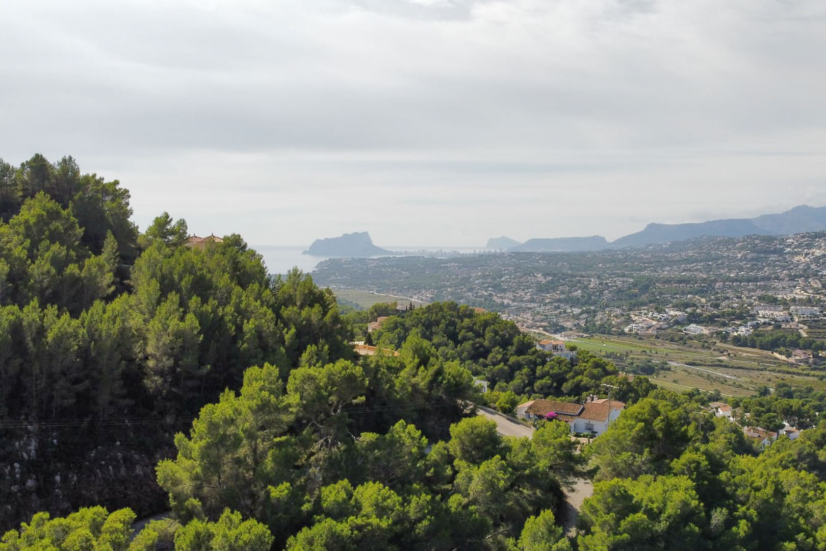 Elevated panoramic view from the Paichi plot, featuring dense pine forests, the residential valley, and the Peñón de Ifach silhouette on the Mediterranean horizon.