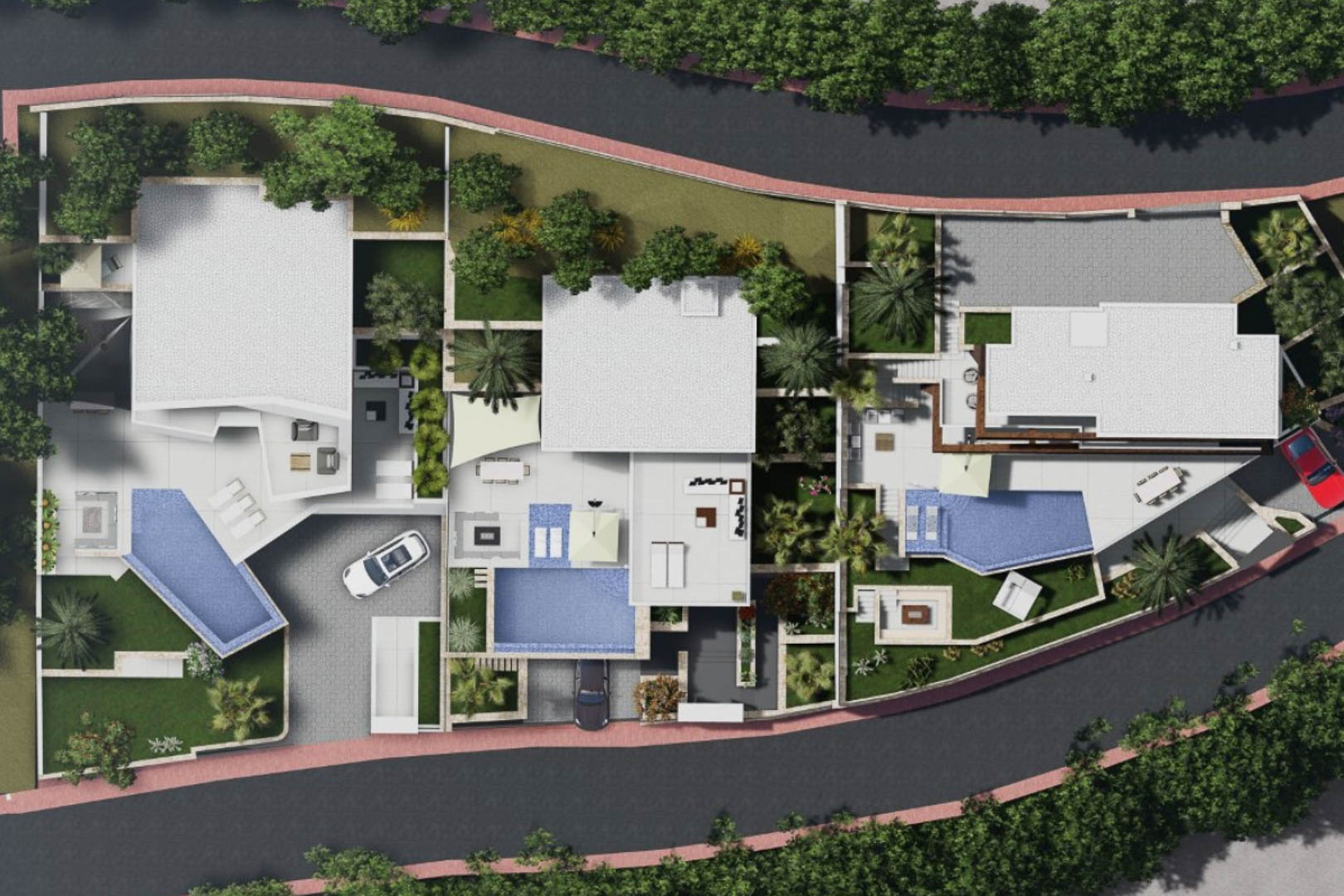 Aerial site plan illustrating the layout of the modern villas, featuring infinity pools, landscaped gardens, and private parking areas within the exclusive complex.