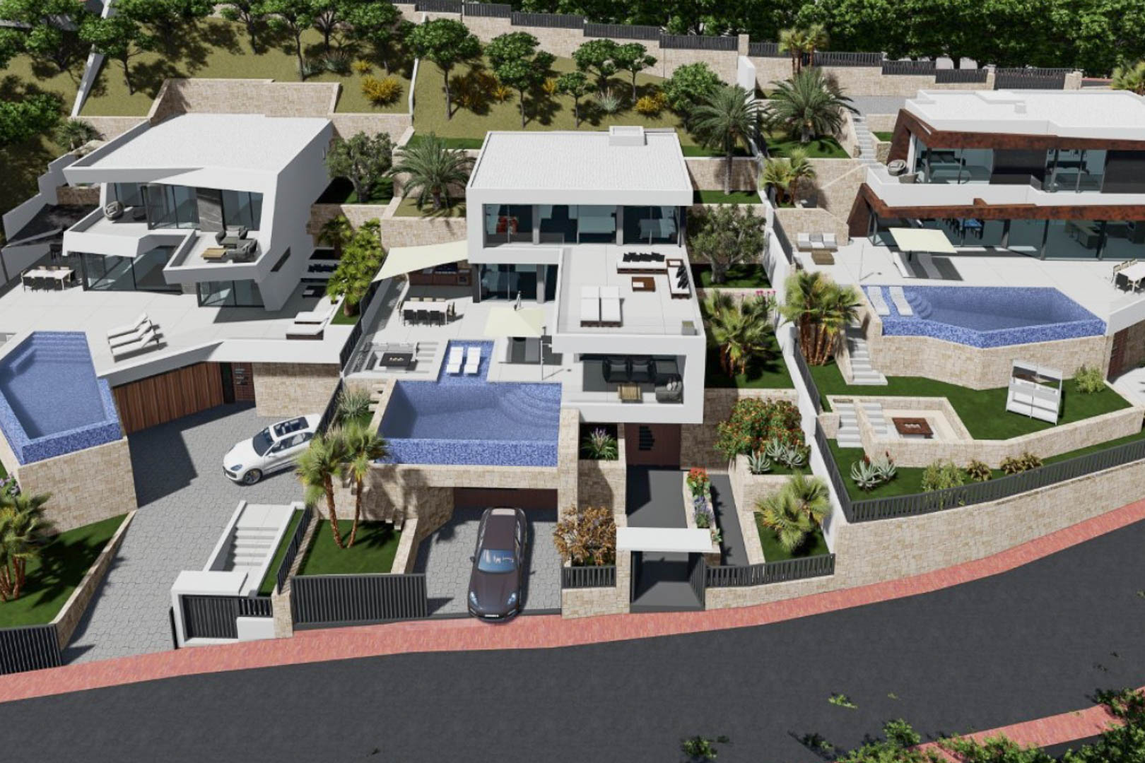 Aerial view of the modern villa featuring white geometric architecture, an integrated infinity pool, and multi-level terraces set against natural stone walls.