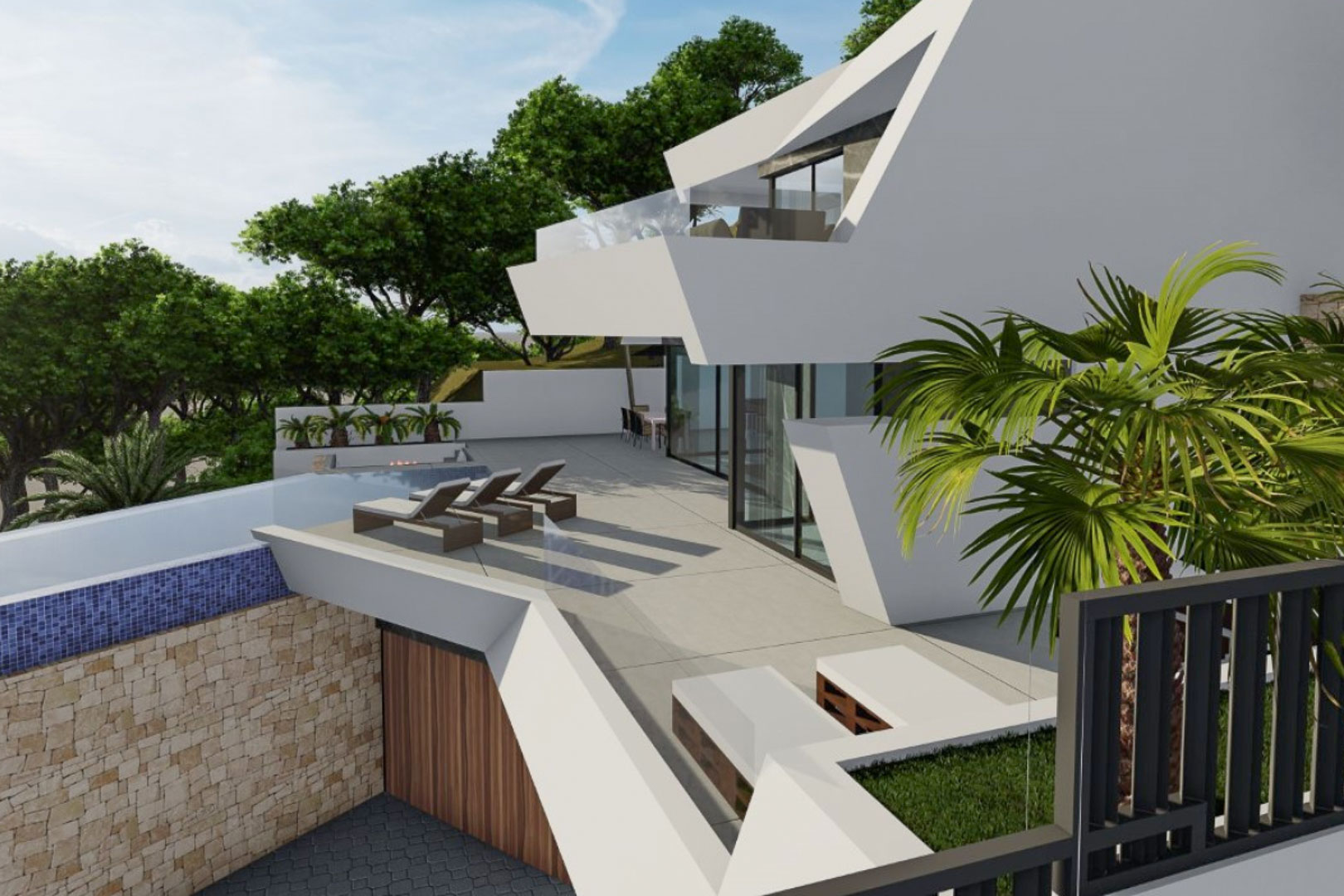 Exterior view featuring geometric white architecture, a spacious tiled terrace with sun loungers, and an infinity pool supported by a natural stone wall.