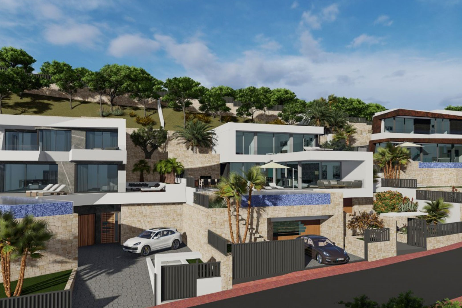 Exterior view of modern villas featuring white facades and natural stone walls, integrated into a hillside with infinity pools and street-level private garages.
