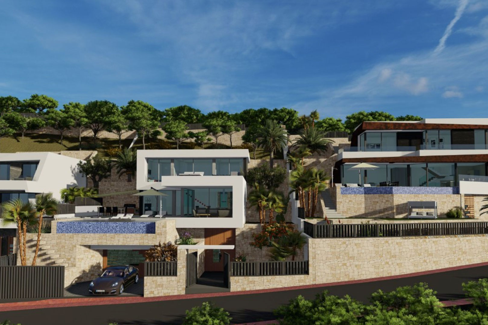 Exterior view of the modern multi-level villa featuring white geometric facades, natural stone walls, an infinity pool, and integrated garage on a terraced plot.