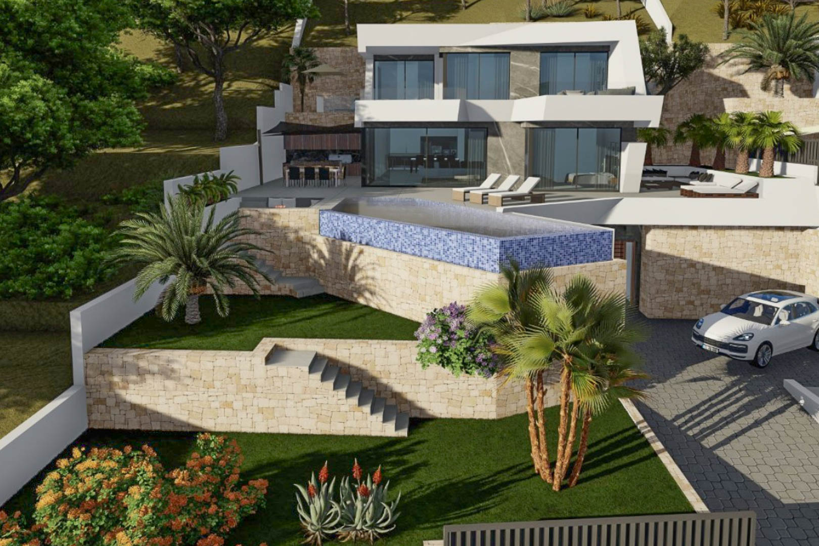 Exterior view of the modern villa featuring white geometric architecture, a blue mosaic infinity pool, and natural stone retaining walls within the landscaped garden.