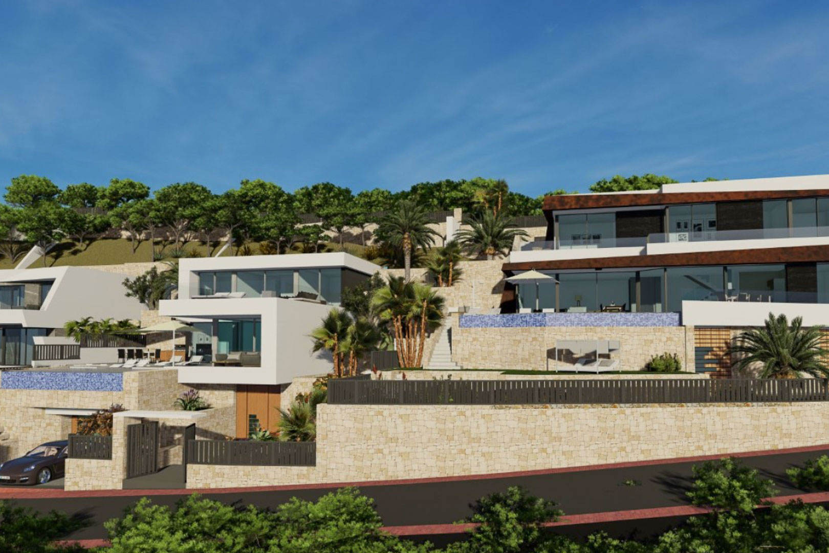 Exterior view of the terraced architectural design featuring natural stone walls, white facades, and infinity pools integrated into the hillside landscape.