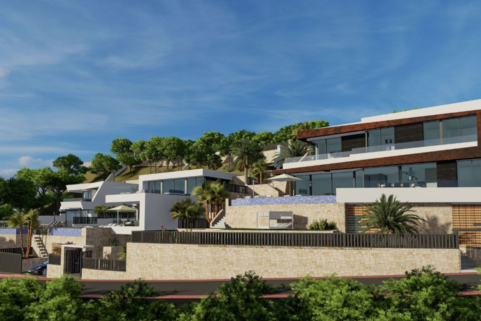 Exterior view of the tiered modern villa featuring natural stone walls, an infinity pool, glass balustrades, and large floor-to-ceiling windows.