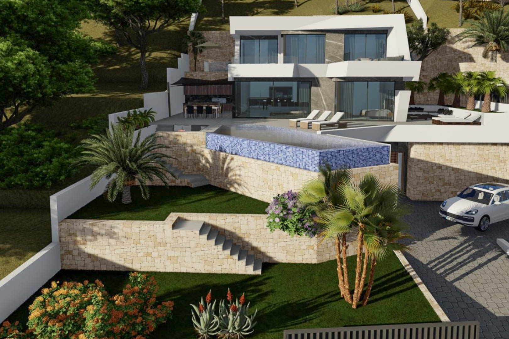 Exterior view of the villa featuring a white geometric facade, blue mosaic infinity pool, and natural stone walls integrated into a terraced garden with palm trees.