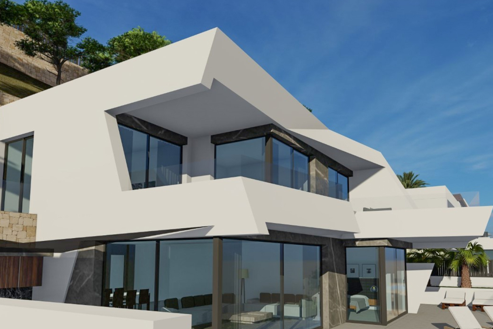 Geometric facade featuring expansive floor-to-ceiling windows, grey stone accents, and cantilevered terraces designed for seamless indoor-outdoor living.