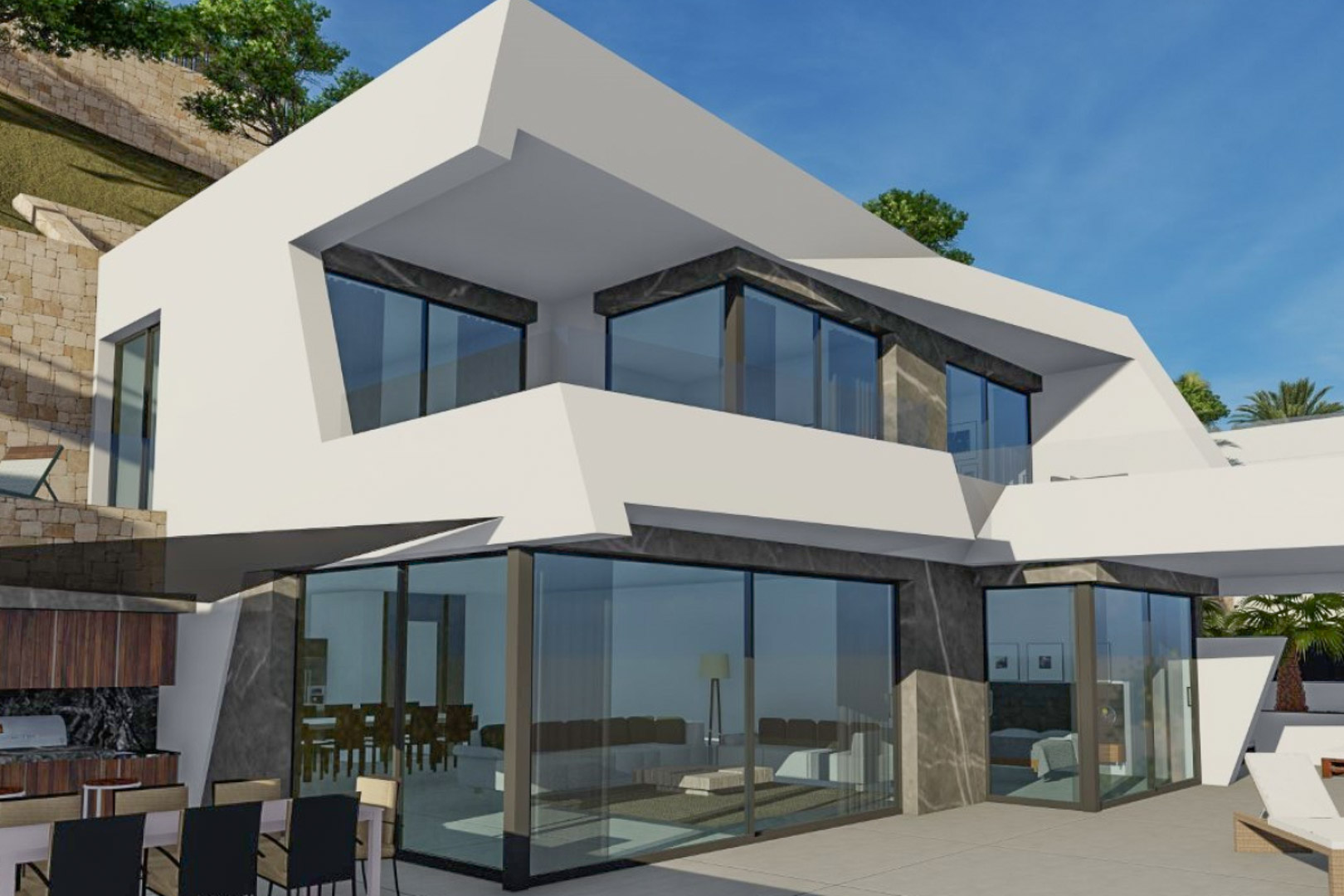 Modern facade featuring white geometric volumes and dark stone accents. Large floor-to-ceiling glass panels connect the interior living spaces with the outdoor dining and BBQ area.